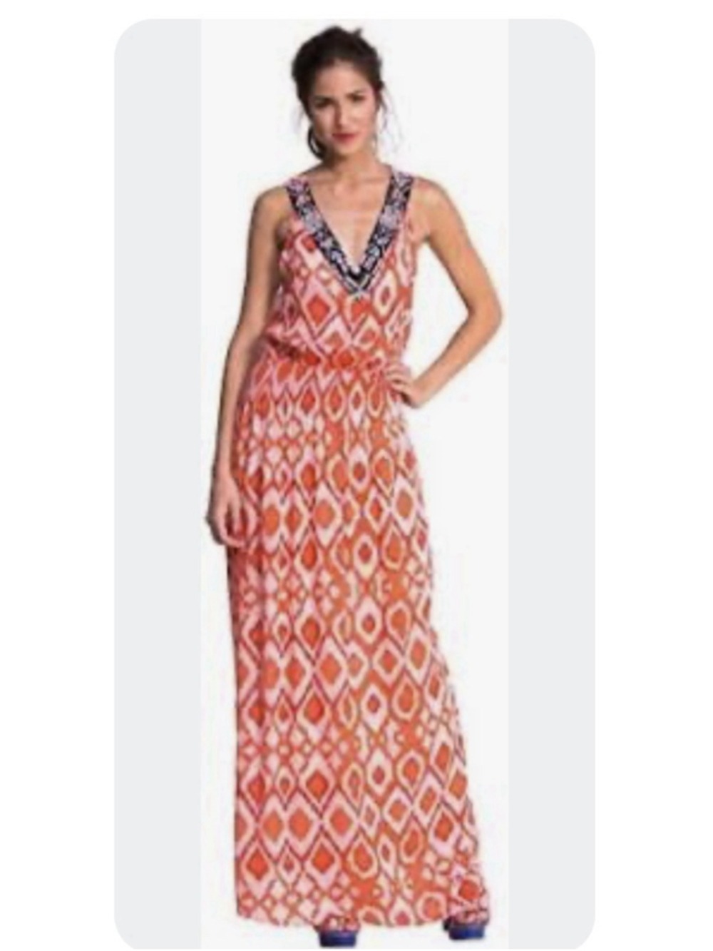Desigual Elast Beaded Ikat Maxi Dress Sz 38/Small Orange Blue Resort Party Boho